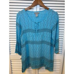 World Market Womens Turquoise Blue Block Print Rayon Tunic Top Tie Neck L/XL